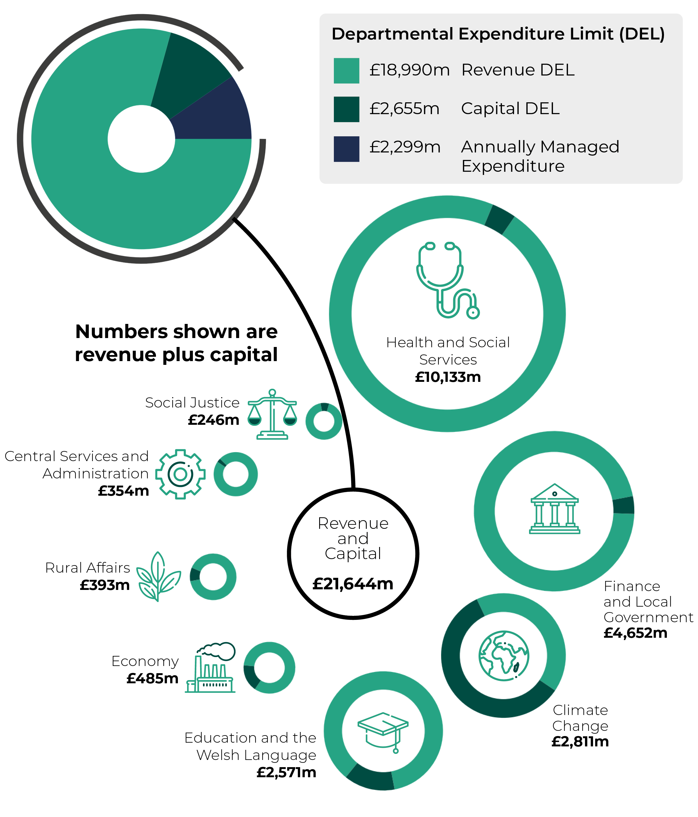 Revenue DEL: £18990m. Capital DEL: £2655m. Annually Managed Expenditure: £2299m. Revenue and Capital: Total £21644m, Health and Social Services £10133m, Finance and Local Government £4652m, Climate Change £2811m, Education and the Welsh Language £2571m, Economy £485m, Rural Affairs £393m, Central Services and Administration £354m, Social Justice £246m.