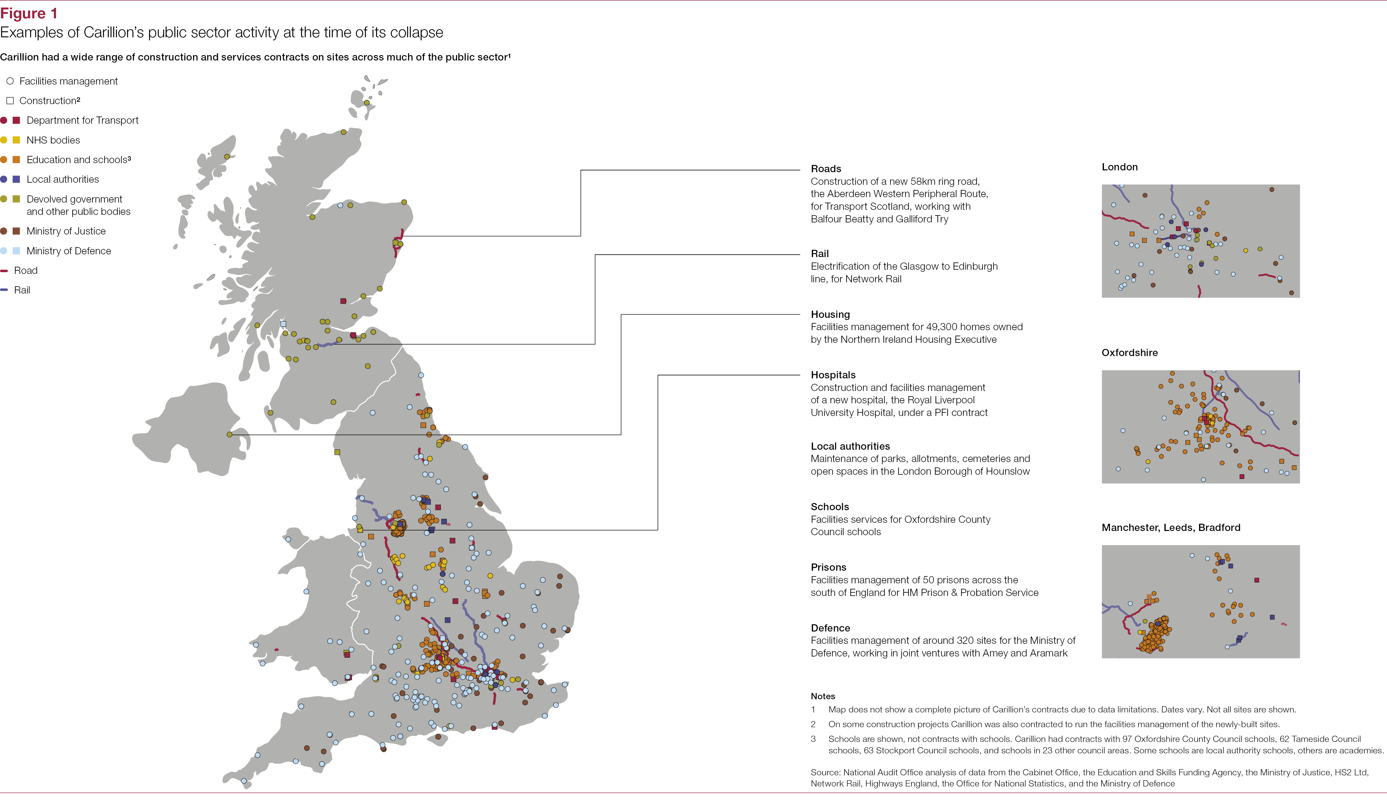 Map yn dangos lleoliad contractau'r sector cyhoeddus a ddelir gan Carillion